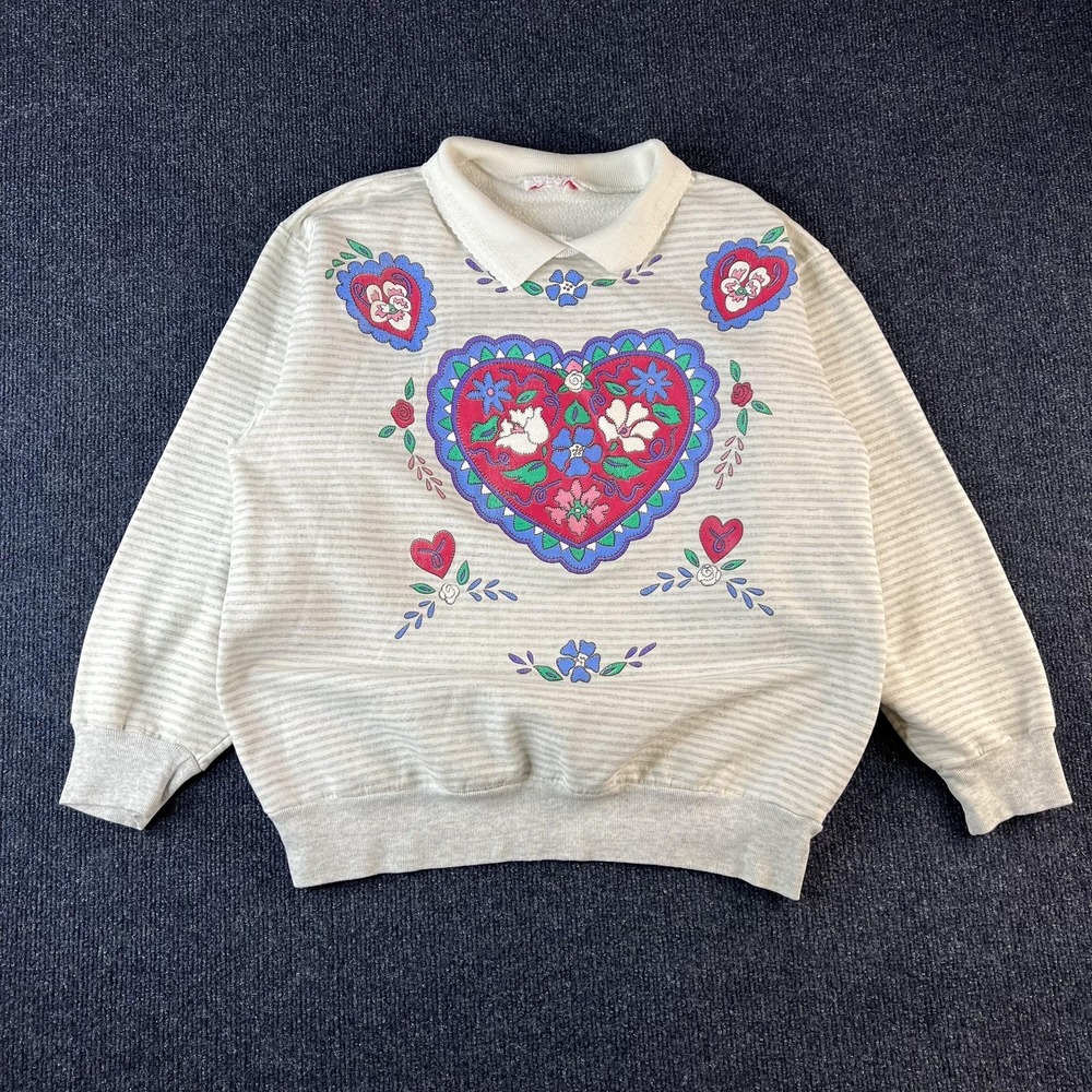 Heart‎ Floral Sweatshirt Womens Medium White Striped Collared Pullover Cute